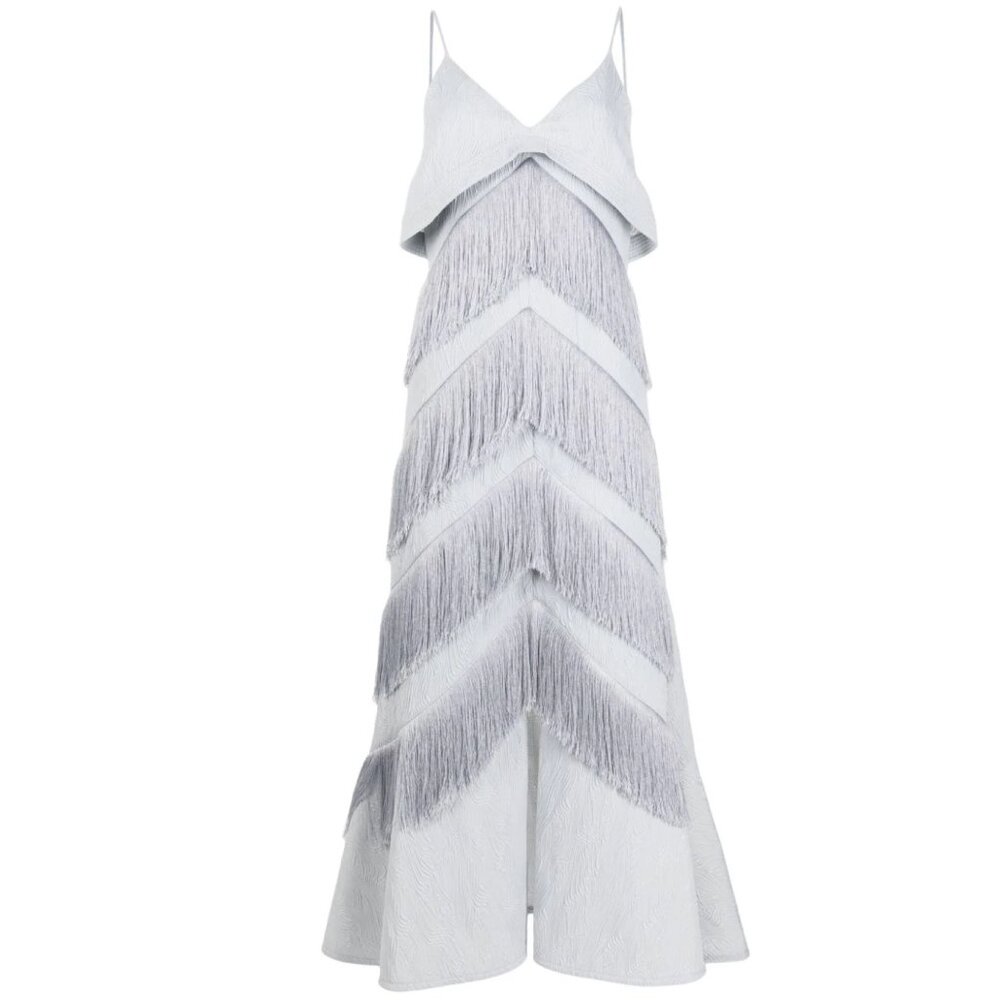 ALEXIS STONE BLUE FRINGED SLEEVELESS NADINEE MAXI DRESS